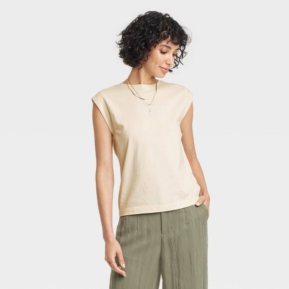 NEW Women's Extended Short Sleeve T-Shirt - A New Day™ Cream Medium - Picture 1 of 7